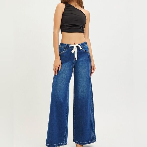 RISEN Mid Rise Wide Side Pintuck Denim Jeans Flat Front Drawstring  Size 7 - Picture 2 of 7